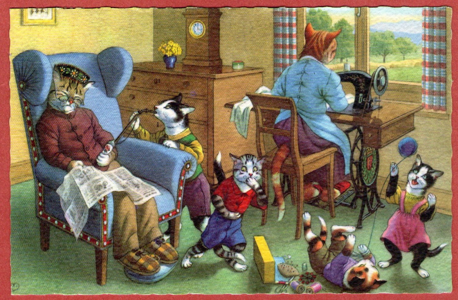 Novelty- 1968 Alfred Mainzer "Cat Sewing" Eugen Hartung Artist Used Linen Postcard