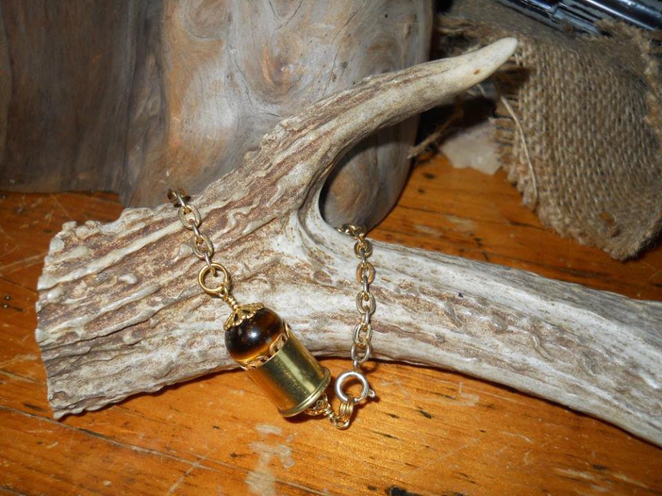 Ammo Bracelet 410 Shotgun OOAK Shell Casing Bracelet- Brown and Gold- Tiger's Eye