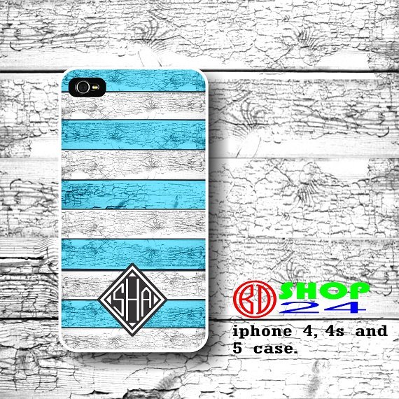 Wood Monogram iPhone 4 4s case, Custom iPhone 4s Case, Personalized iPhone 4 case, Blue wood cover