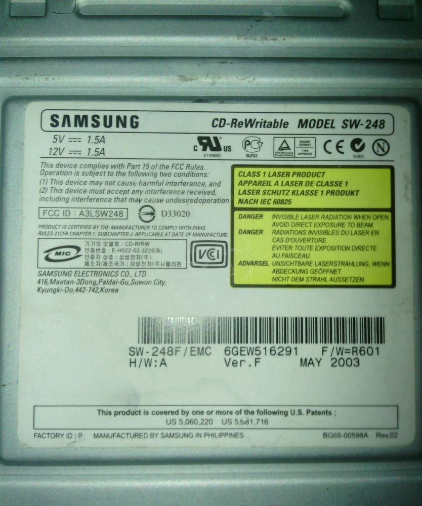 SAMSUNG**48X/24X/48X IDE INTERNAL CD-RW DRIVE (SW-248)**UNTESTED**AS IS