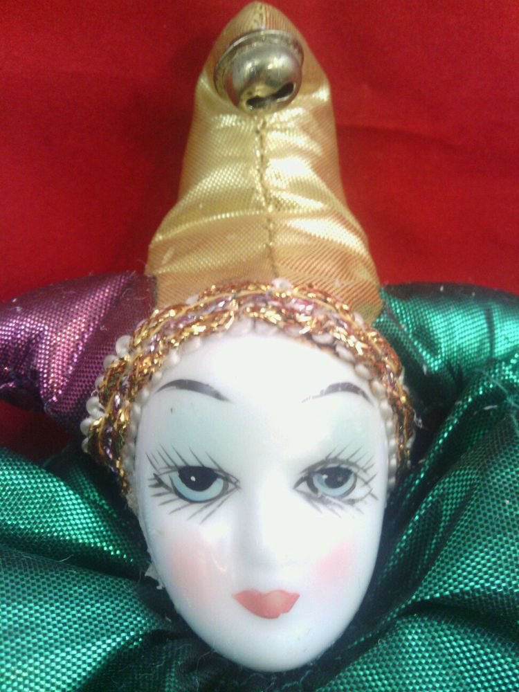 GC**PORCELAIN CLOWN DOLL*GREEN & GOLD**PORCELAIN HEAD, HANDS, LOWER LEGS, & FEET