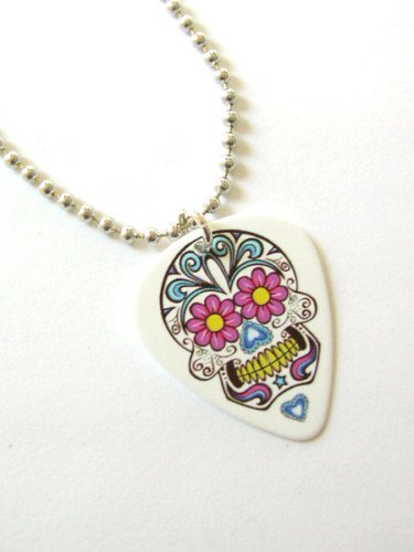 Funky Guitar Pick Necklace Day of the Dead Skull