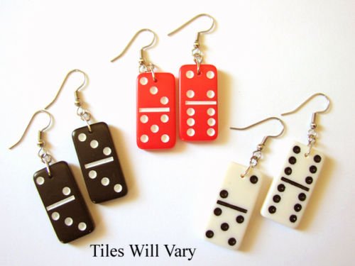 3 Mini Domino Dominoes Fun Earrings Black Cream Red