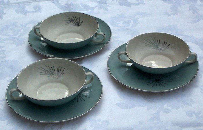 SOLD Franciscan Silver Pine two handle cups or bowls 5 inch wide set of 3
