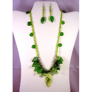 Designed and Handgrafted Leaves Fused Glass 18" Necklace Set 2" shaped and fused glass leaf pendant