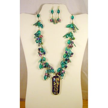 Designed and Handcrafted Aqua Fused Glass 18" Necklace 2 1/4"Dichroic Pendant