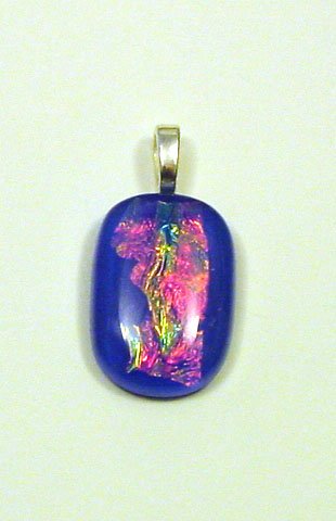 Handcrafted 1 1/4" Blue Night Fused Glass Dichroic Pendant Dichoic Reflects Rainbow Colors in Light