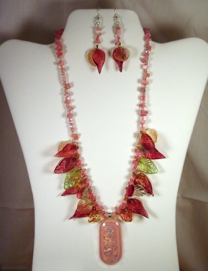 Designed and Handcrafted Elegant Leaves Fused Glass 18"Necklace Set 2" Dichroic Pendant