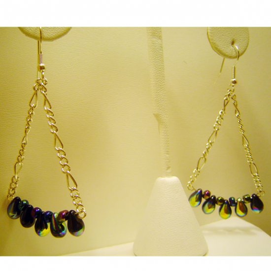 Handcrafted Chandelier Earrings Black Rainbow Glass Beads