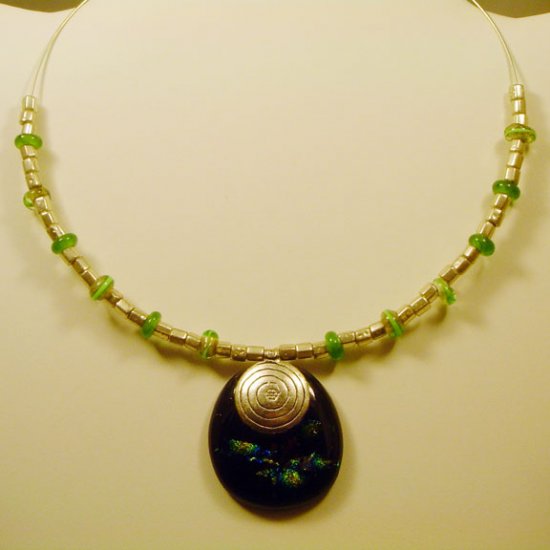Handmade Fused and Dichroic Black & Green Glass Necklace w Lamptorched Beads