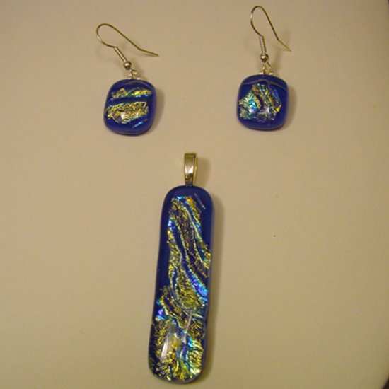 Handcrafted 2 1/4 Royal Blue Dichroic Fused Glass Pendant Rainbow Colors