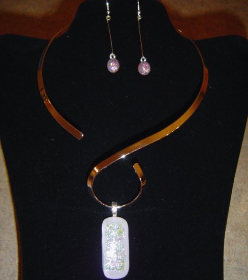 White Glass Dichroic Pendant and Earrings with Choker
