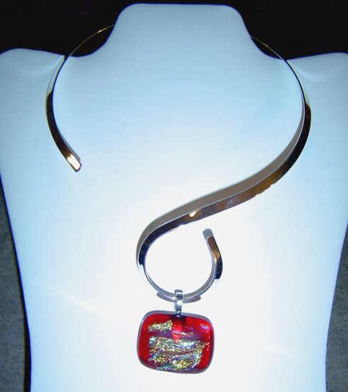 Red Dichroic Glass Pendant with Silver Color Choker