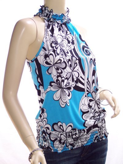 Sky Blue Smocked Standup Collar Top