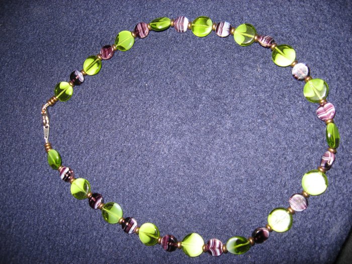 Purple and Green round glass bead necklace with brass spacers