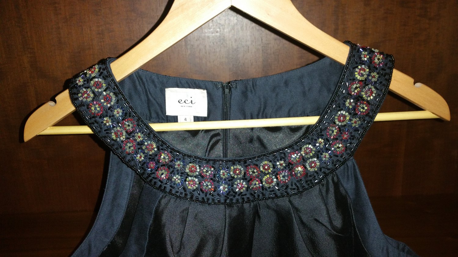 ECI Black Beaded Dress Silk Cotton Lined Back Zip Sleeveless Dress Sz 4