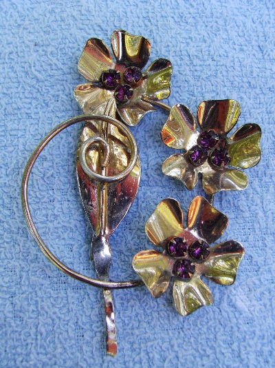 Sterling Vermeil FLOWER BROOCH with Garnet Rhinestones