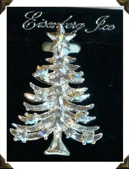 Eisenberg Ice Christmas Tree Pin with Aurora Borealis Rhinestones
