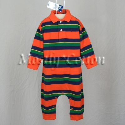 NwT POLO RALPH LAUREN boys ORANGE STRIPED Long Sleeve KNIT ROMPER COVERALL 12m New With Tags