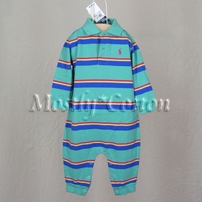 NwT POLO RALPH LAUREN boys TEAL GREEN STRIPED Long Sleeve KNIT ROMPER COVERALL 18m New With Tags