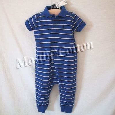 NwT POLO RALPH LAUREN boys MULTI STRIPED Short Sleeve KNIT ROMPER COVERALL 18m New With Tags