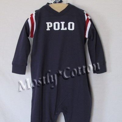 NwT POLO RALPH LAUREN boys NAVY VARSITY Long Sleeve LONGALL ROMPER 18m New