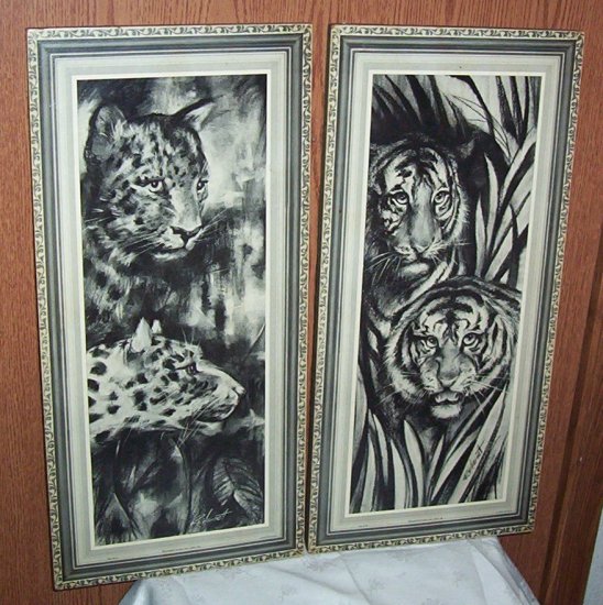 VINTAGE LITHO'S BLACK & WHITE ART WILD CATS RETRO