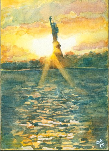 Lady Liberty at Sunset- watercolor on textured clayboard