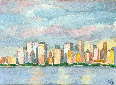 Manhattan Skyline- watercolor on clayboard