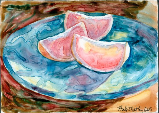 Grapefruit on Blue Plate- watercolor on yupo