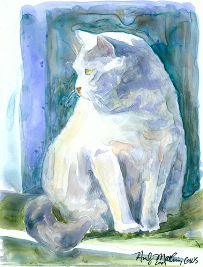 Grey Cat in Window- watercolor on Yupo