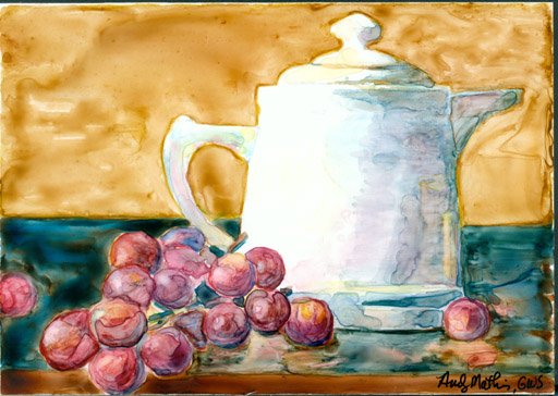 Teapot with Grapes-watercolor on Yupo