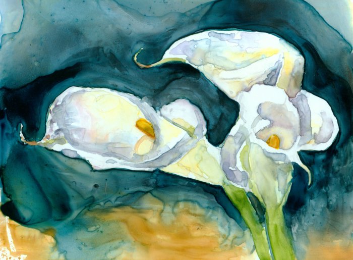 Calla Lilies on Blue2- Reproduction, Signed Open Edition