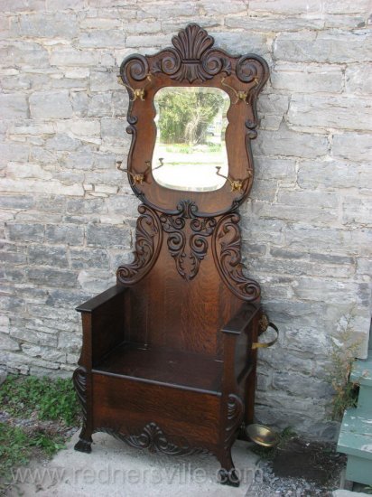 Antique Mirrored Quartersawn Oak Hall Stand Tree Bench