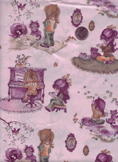 Vintage 1960/70s Satin Rayon Fabric ~ Kitties & Little Girls