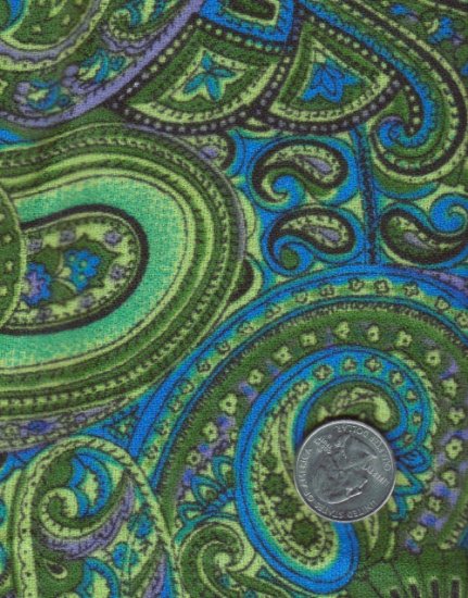 1970s Rayon Challis Fabric in Paisley Lime Royal Psychodelic 5 yds