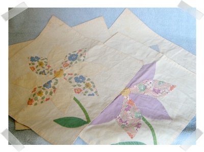 FOUR 13 x 13 Finished Quilt Block Squares with Flowers for Totes or Pillows