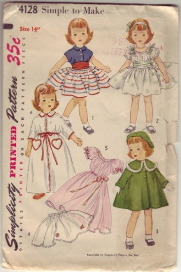 Vintage Simplicity #4128 14" Doll Wardrobe for Toni Dolls & Other 14" Dolls