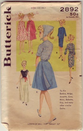 Butterick #2892 Barbie Wardrobe Pattern