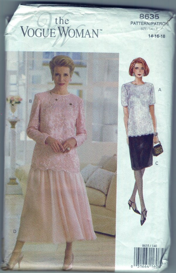 Vogue Pattern #8635 Dressy Lace Top and Skirt Sizes 14-16-18