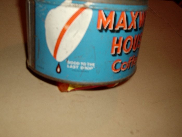 SMALL MAXWELL HOUSE COFFEE CAN WITH OLD CUP ON IT