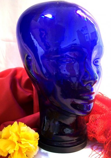 Cobalt Blue Glass Mannequin Head MAN Display Hat Wig - 16672