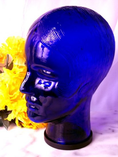 Cobalt Blue Glass Mannequin Head WOMAN Display Hat Wig - 16676