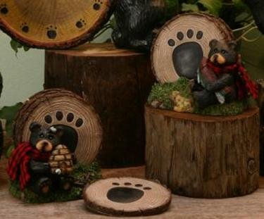 Set/2 Bear Rustic Coaster Holder for Hunting Lodge or Cabin - 13026
