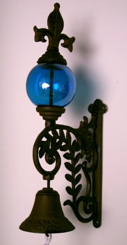 Cast Iron Bell Blue Glass Gazing Ball French Country Style - 080921