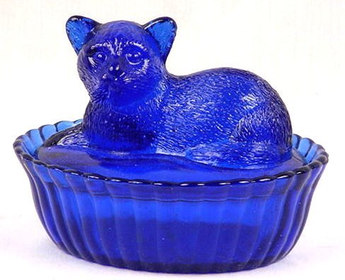 Cobalt Blue Glass Cat Topped Dish - 16294