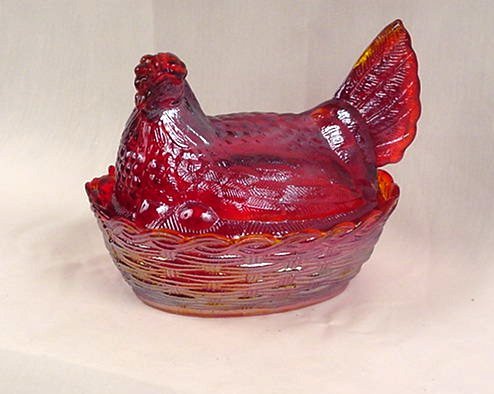 Hen on Nest Bowl Dish Red Carnival Glass - 16324