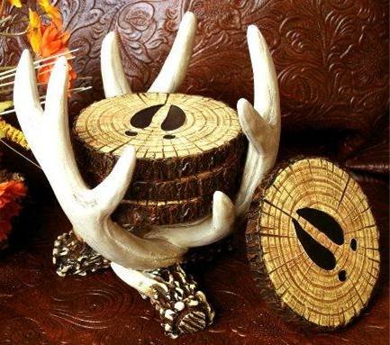 SET of 4 "Old West" Deer Antler Coasters & Holder -080807