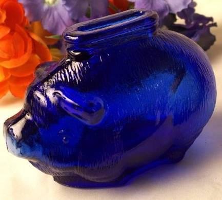 Piggy Bank Cobalt Blue Glass Vintage Style - 16204