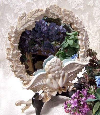 Angel Figure Framed Round Mirror Cast Iron - 10073